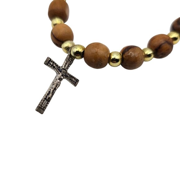 Wooden Beaded Rosary Religious Cross Wrist Bracelet Jerusalem Unisex Catholic - Picture 4 of 5